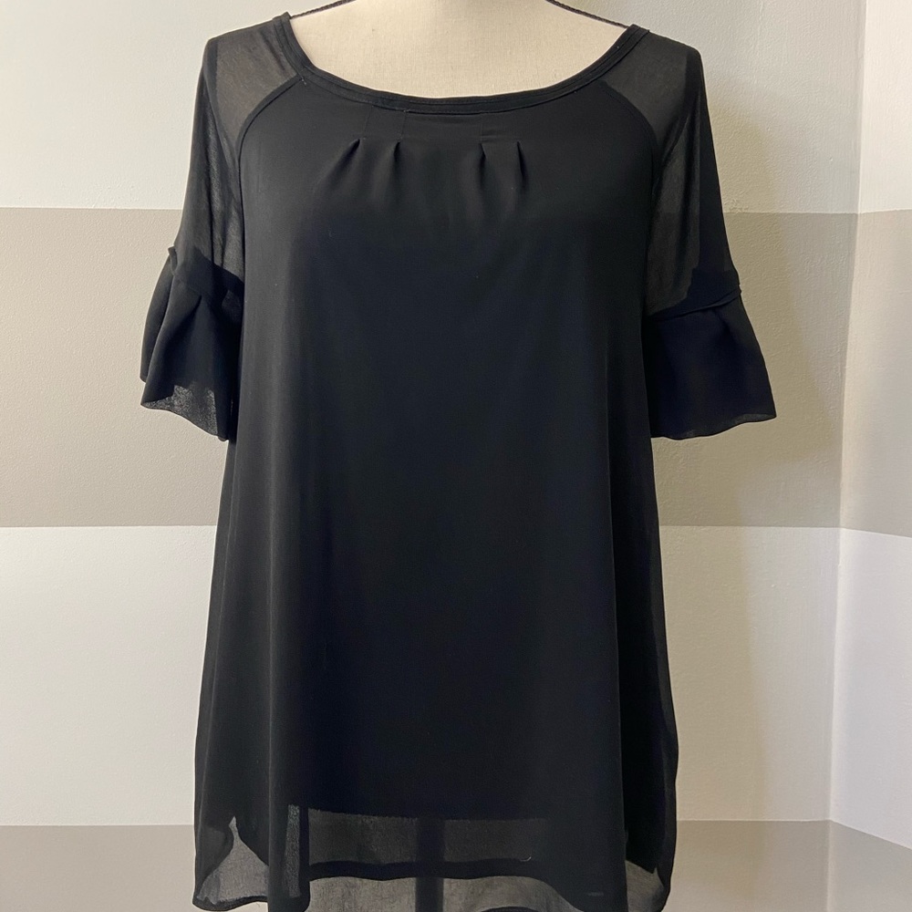 Zara Black Chiffon Blouse Shirt Top with Sheer Ruffle Sleeve Medium
